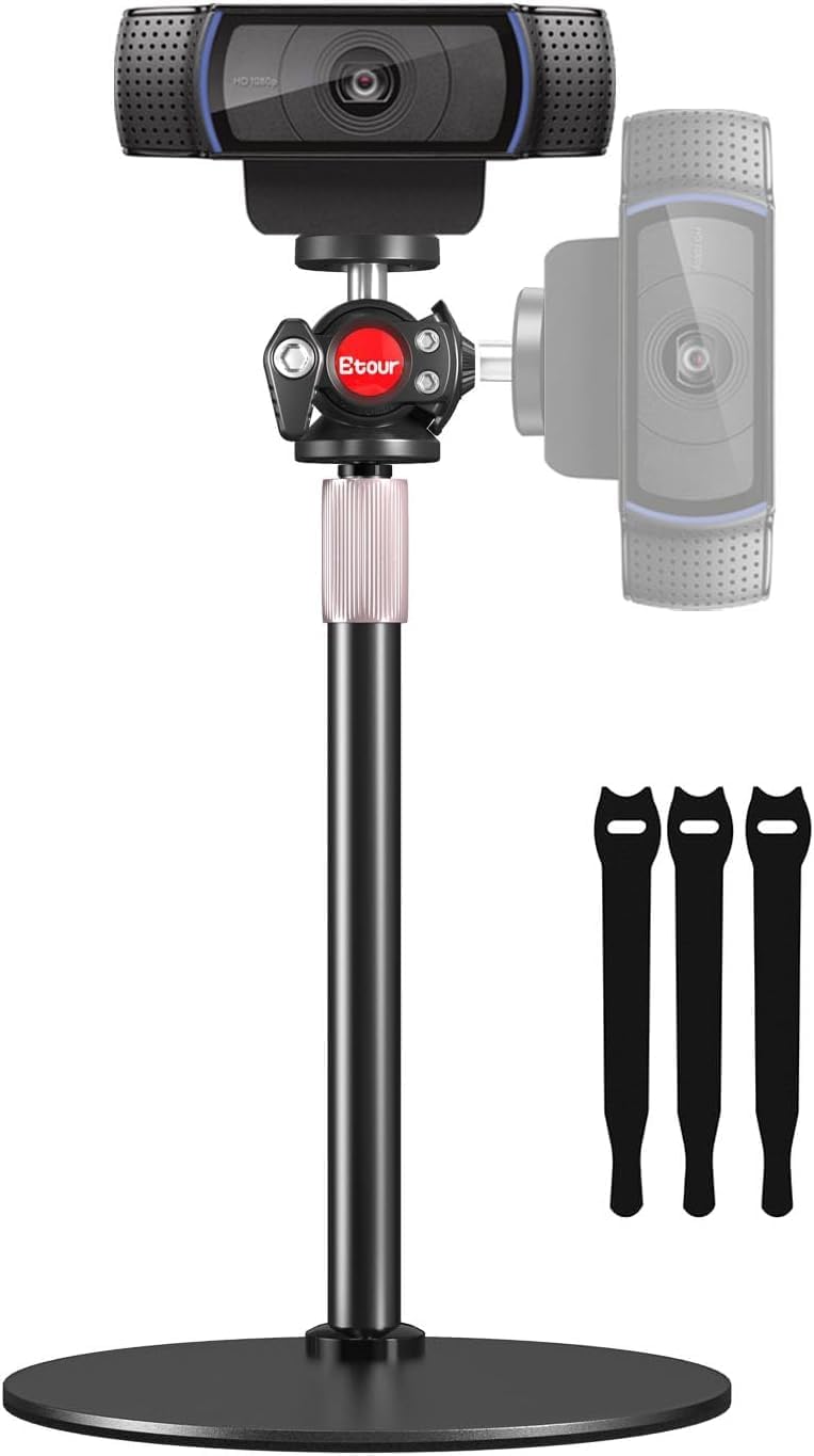 Etour Webcam Tripod Stand for Desk, 2025 Upgrade Small Base & 360° Ballhead & Height Adjustable, Ideal for Logitech Webcam C922 C930e C920 C615 C960 BRIO 4K NexiGo N60, Phone Holder with 1/4" Thread - Image 1
